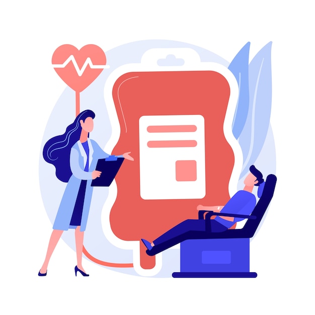 Free Vector blood donation. doctor and patient cartoon characters. volunteer donating blood for transfusion in hospital. healthcare, laboratory, donor. vector isolated concept metaphor illustration