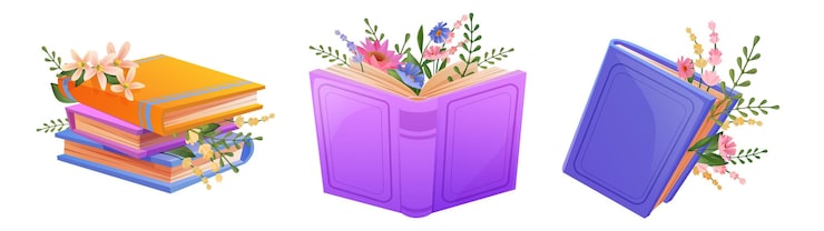Free Vector books with flower bouquets set isolated on white