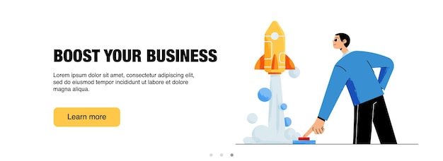 Free Vector boost your business web banner startup success launch project concept with man push on start button and rocket fly up management and development innovation line art flat vector footer or header