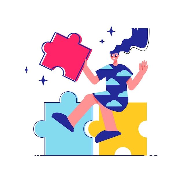 Free Vector brainstorm team work composition with female character sitting on top of puzzle pieces illustration