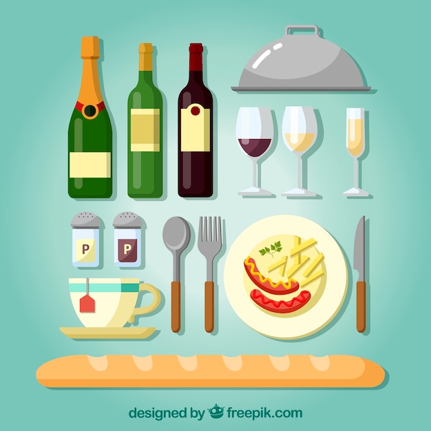 Free Vector bread with wine bottles and other restauran elements