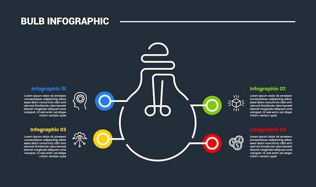 Free Vector bulb creative idea solution infographic process diagram with bulb line with circle pointer edge with dark background bright outline style 4 points
