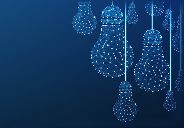 Free Vector bulb lamp abstract low poly wireframe mesh background form lines and triangles point connecting network on blue background  vector illustration
