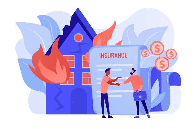 Free Vector burn house, flaming building. insurance agent and customer flat characters. fire insurance, fire economic losses, protect your property concept. pinkish coral bluevector isolated illustration