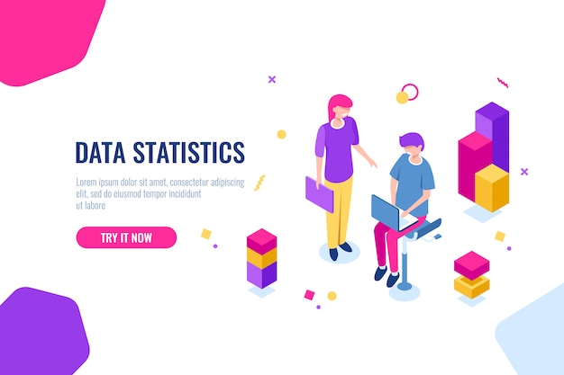 Free Vector business consulting team isometric icon, seo optimization process, data processing and analysis