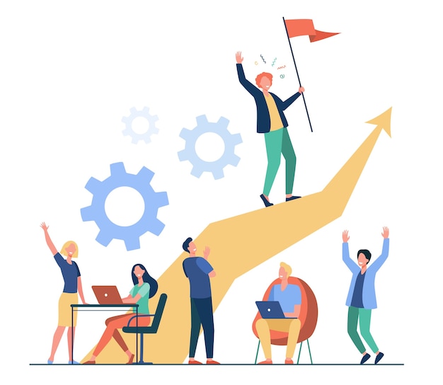 Free Vector business leader standing on arrow and holding flag flat vector illustration. cartoon people training and doing business plan. leadership, victory and challenge concept