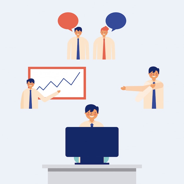 Free Vector business man set in desk with computer, charts and bubble speech