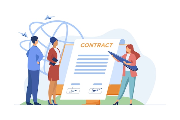 Free Vector business partners signing contract online. leaders affixing signatures to document on monitor flat vector illustration. internet, agreement