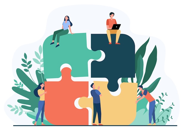 Free Vector business team putting together jigsaw puzzle isolated flat vector illustration. cartoon partners working in connection. teamwork, partnership and cooperation concept