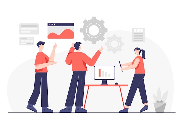 Free Vector business teamwork concept. teamwork leadership effort hard work team strategy. concept of brainstorm at workshop, management skills vector cartoon illustration flat design