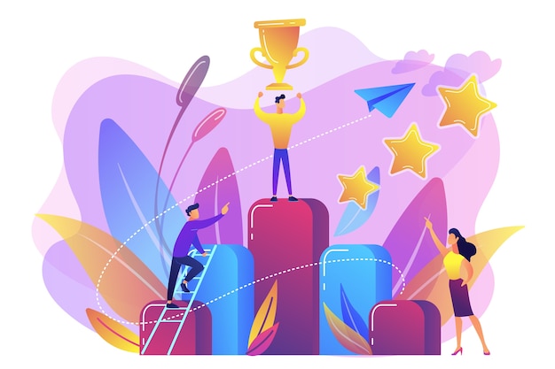 Free Vector businessman holds a trophy cup on top of column graph. key to success and success story, business chance, on the way to success concept