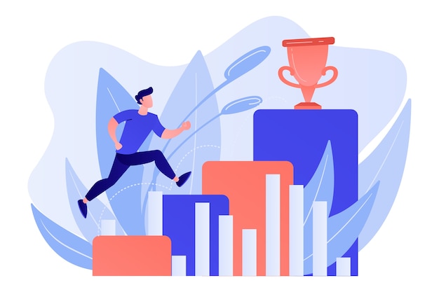 Free Vector businessman jumps on graph columns on the way to success. positive thinking and success achievement, self-confidence concept on white background.