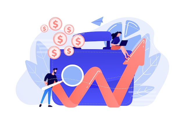Free Vector businessman with magnifier looks at growing chart and briefcase. financial investment, marketing, security of deposits concept on white background.