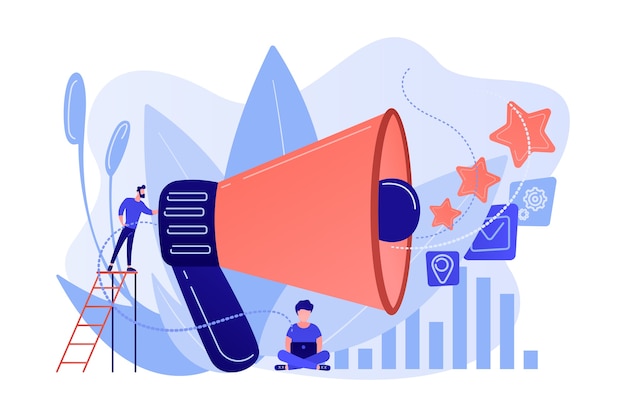 Free Vector businessman with megaphone promote media icons. sales promotion and marketing, pomotion strategy, promotional products concept on white background.