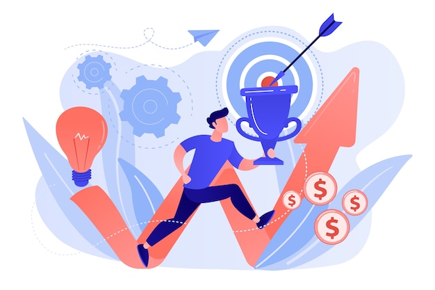 Free Vector businessman with trophy running and rising arrow. business mission, mission statement, business goals and philosophies concept on white background.