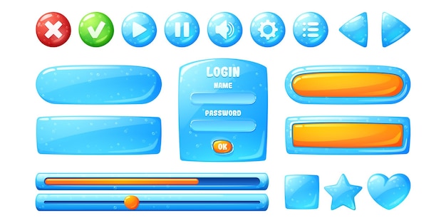 Free Vector buttons with blue jelly texture for user interface design in game. vector cartoon set of ui elements from water with bubbles, check box, stop, play and pause buttons and login frame
