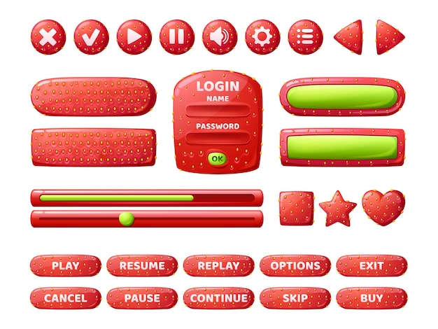 Free Vector buttons with strawberry texture for game interface vector cartoon set of gui elements from red berry with stop play and pause icons bars menu buttons and login frame