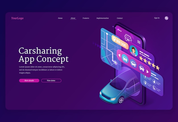 Free Vector carsharing app concept isometric landing page.