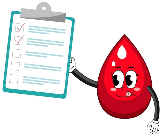 Free Vector cartoon blood drop character holding checklist clipboard