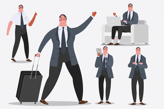 Free Vector cartoon character design illustration. businessman showing handle luggage, greetings, and computer laptops.