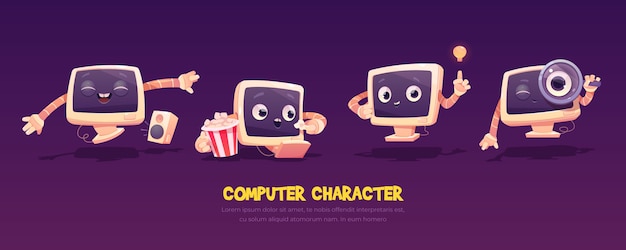 Free Vector cartoon computer character set. cute pc desktop