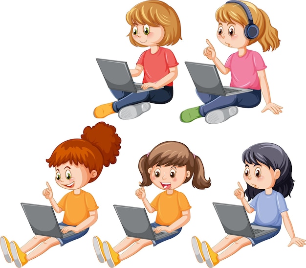Free Vector cartoon kids using laptops for online learning