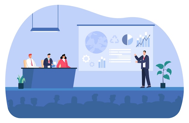 Free Vector cartoon man giving presentation at ecological forum. speaker standing on stage during press conference, audience silhouettes flat vector illustration. ecology, media concept for banner, website design