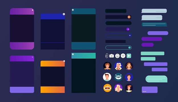 Free Vector chat bot dialogue windows set in dark night mode. talk interface with consultant chatbot robot, online personal assistant, user avatar and message bubble. flat design for customer service support.