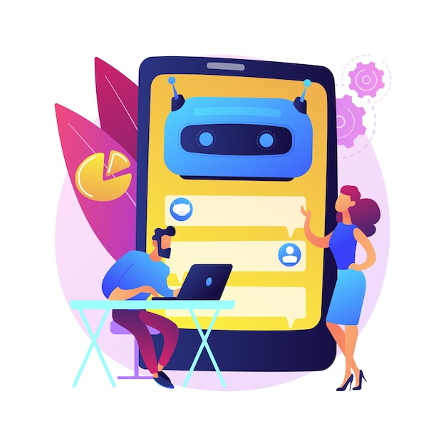 Free Vector chatbot development platform abstract concept  illustration. chatbot platform, virtual assistant development, cross-platform bot, wireframe, mobile application programming .