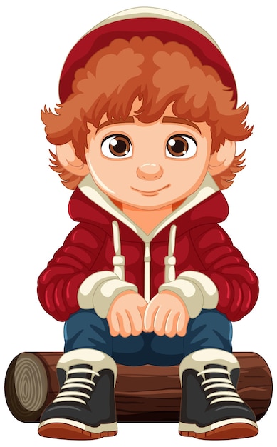 Free Vector cheerful boy in cartoon hoodie sitting on wooden log