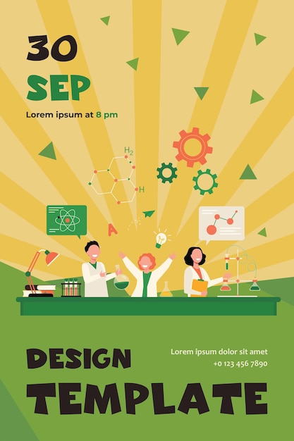 Free Vector cheerful kids learning in chemistry class flat flyer template