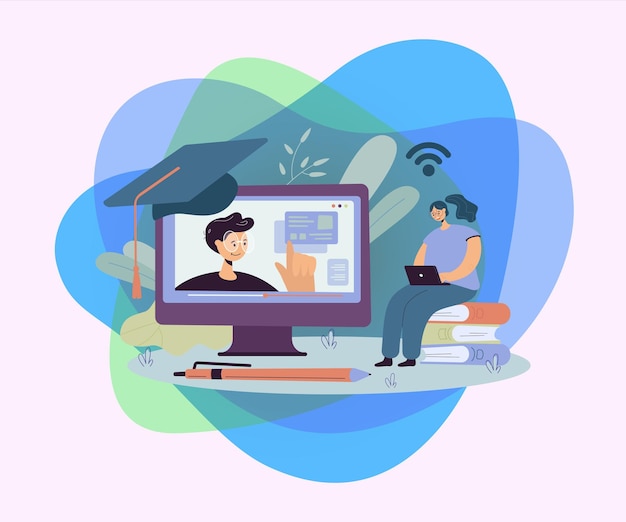 Free Vector cheerful woman studying on internet watching webinar on computer taking online course vector illustration for knowledge education distance learning concept