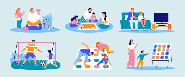 Free Vector children play video active board games together with parents flat set isolated on color background vector illustration