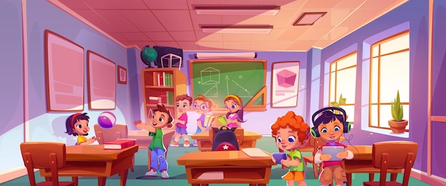 Free Vector children playing and talking in school classroom
