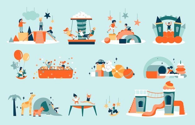 Free Vector children playroom color set with isolated compositions of icons with kids toys castles and play equipment vector illustration