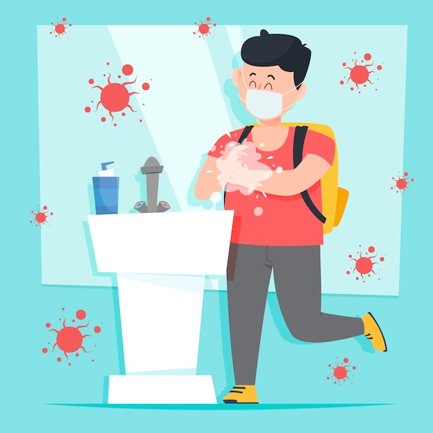 Free Vector children washing their hands at school