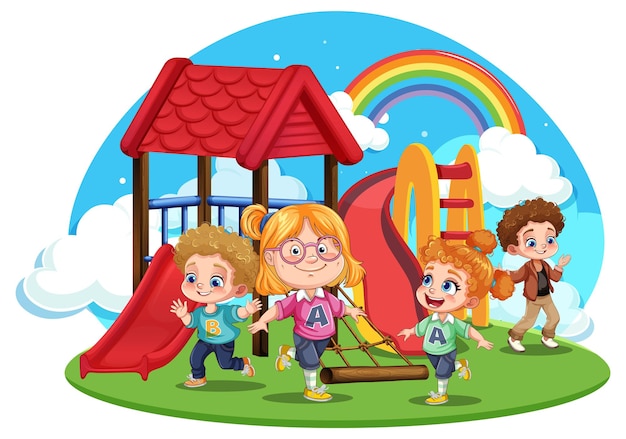Free Vector children with different race playing at the playground slide