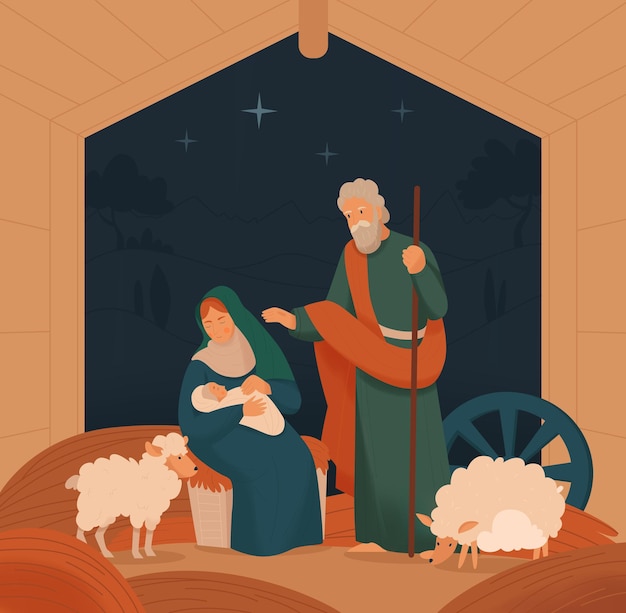 Free Vector christ bible story christmas composition a mother and child lying in her arms and two sheep walking beside her vector illustration