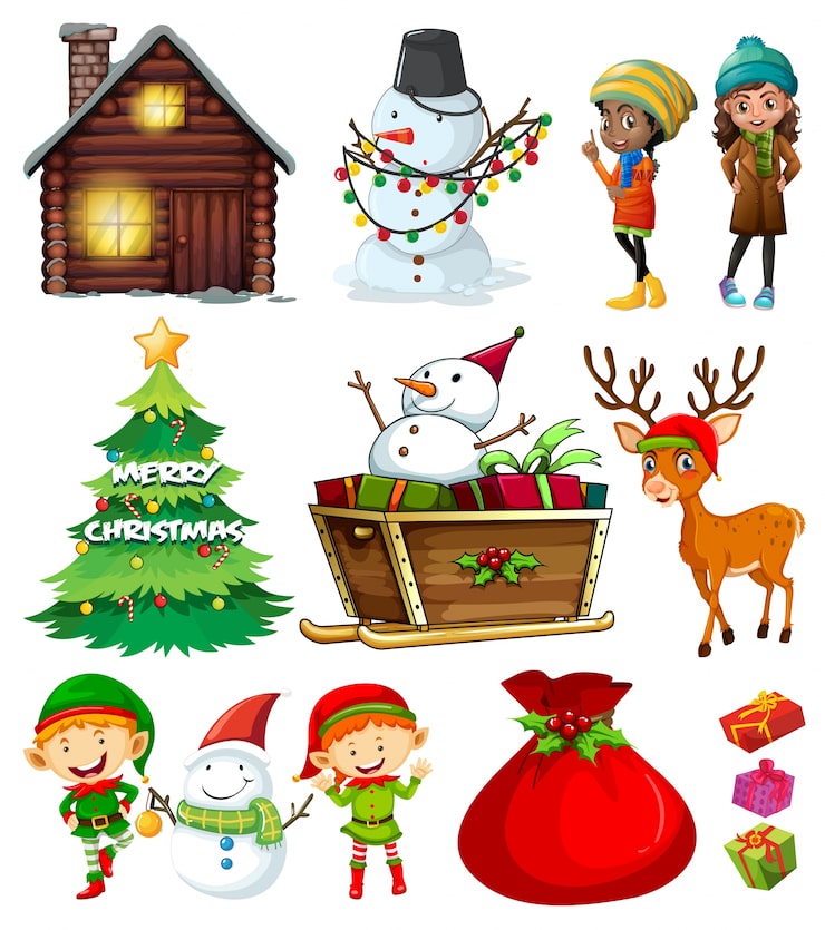 Free Vector christmas elements with tree and many characters