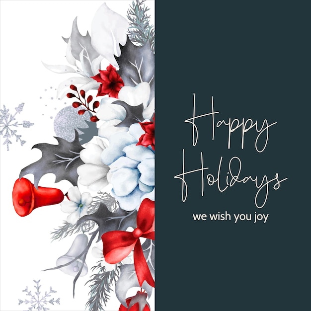 Free Vector christmas and new year card with watercolor white floral and red christmas ornament