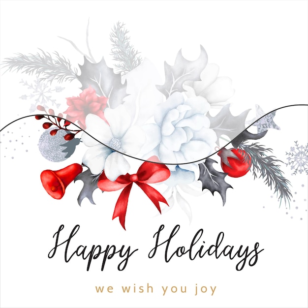 Free Vector christmas and new year card with watercolor white floral and red christmas ornament