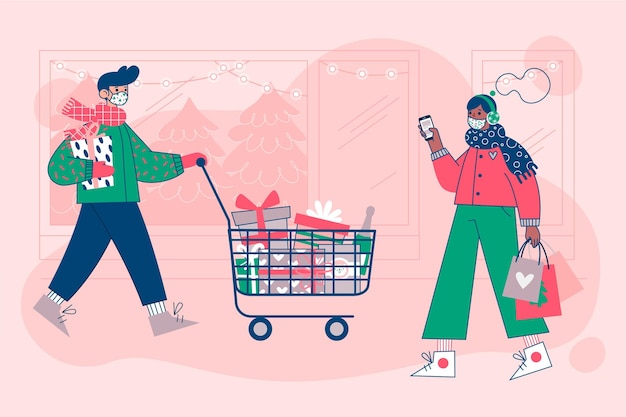 Free Vector christmas shopping scene - wearing masks