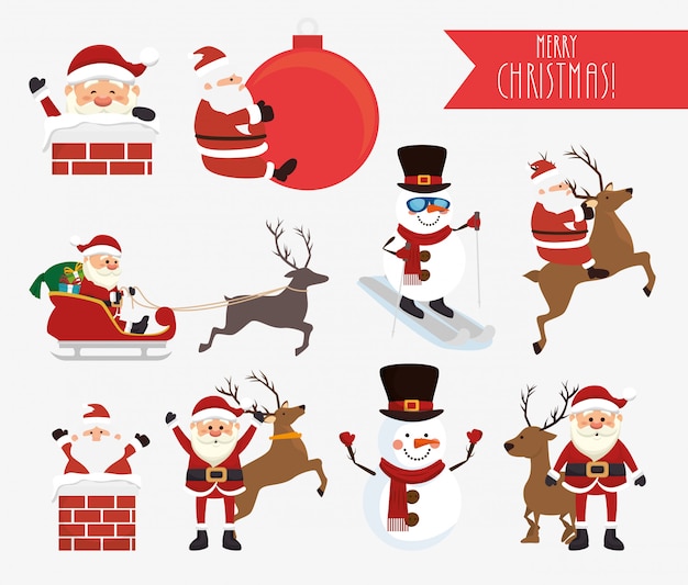 Free Vector christmas with santa claus and snowman set