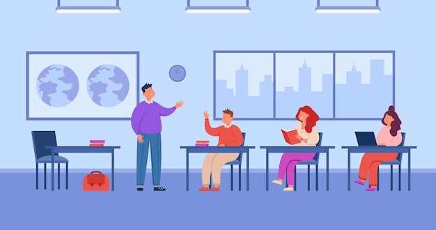 Free Vector classroom with happy teacher and school or college students. young boys and girls studying during lesson or class flat vector illustration. education, teamwork concept for banner or landing web page