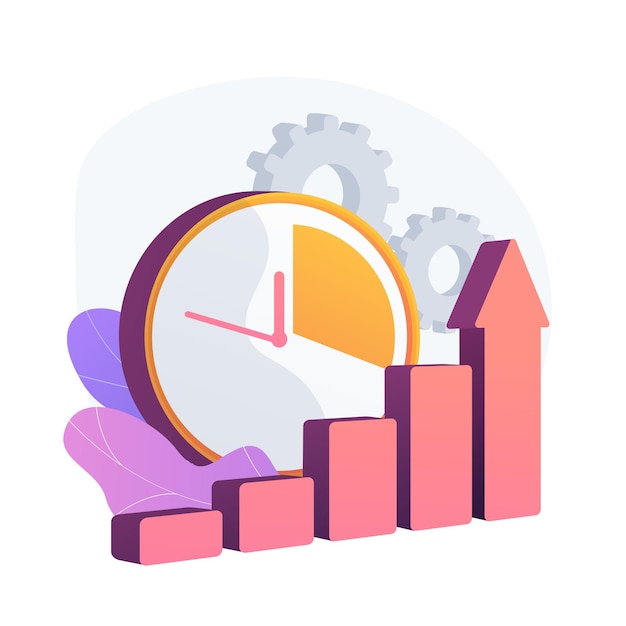 Free Vector clock and increasing chart. workflow productivity increase, work performance optimization, efficiency indicator. rising effectiveness metrics. vector isolated concept metaphor illustration
