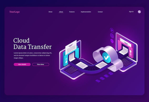 Free Vector cloud data transfer banner online technologies for exchange files and documents between computers digital archive and database   landing page