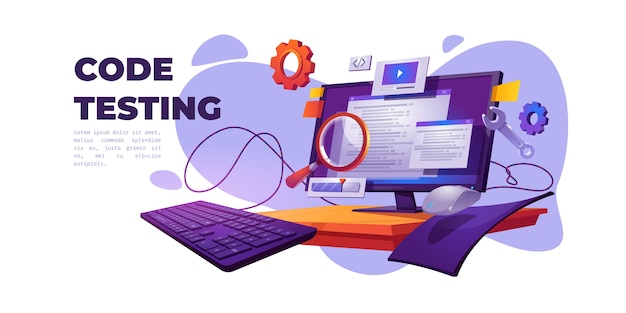 Free Vector code testing cartoon banner. functional test, methodology of programming, search errors and bugs, website platform development, dashboard usability optimization for computer pc vector illustration