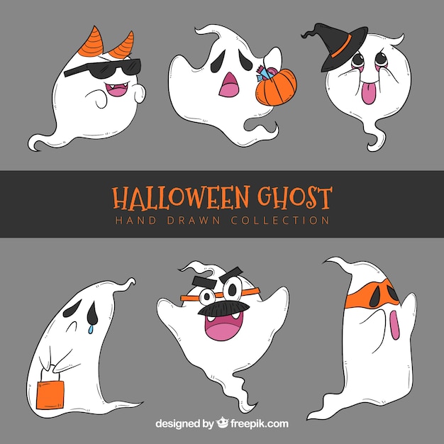 Free Vector collection of hand drawn ghosts with accessories