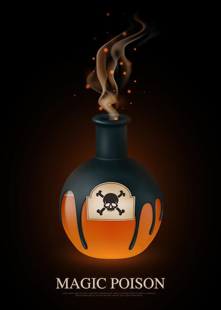 Free Vector colored realistic poison composition with magic poison headline and scull on bottle