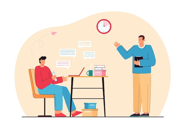 Free Vector company boss giving tasks to upset employee who very busy. supervisor and worker communicating flat vector illustration. effective management concept for banner, website design or landing web page